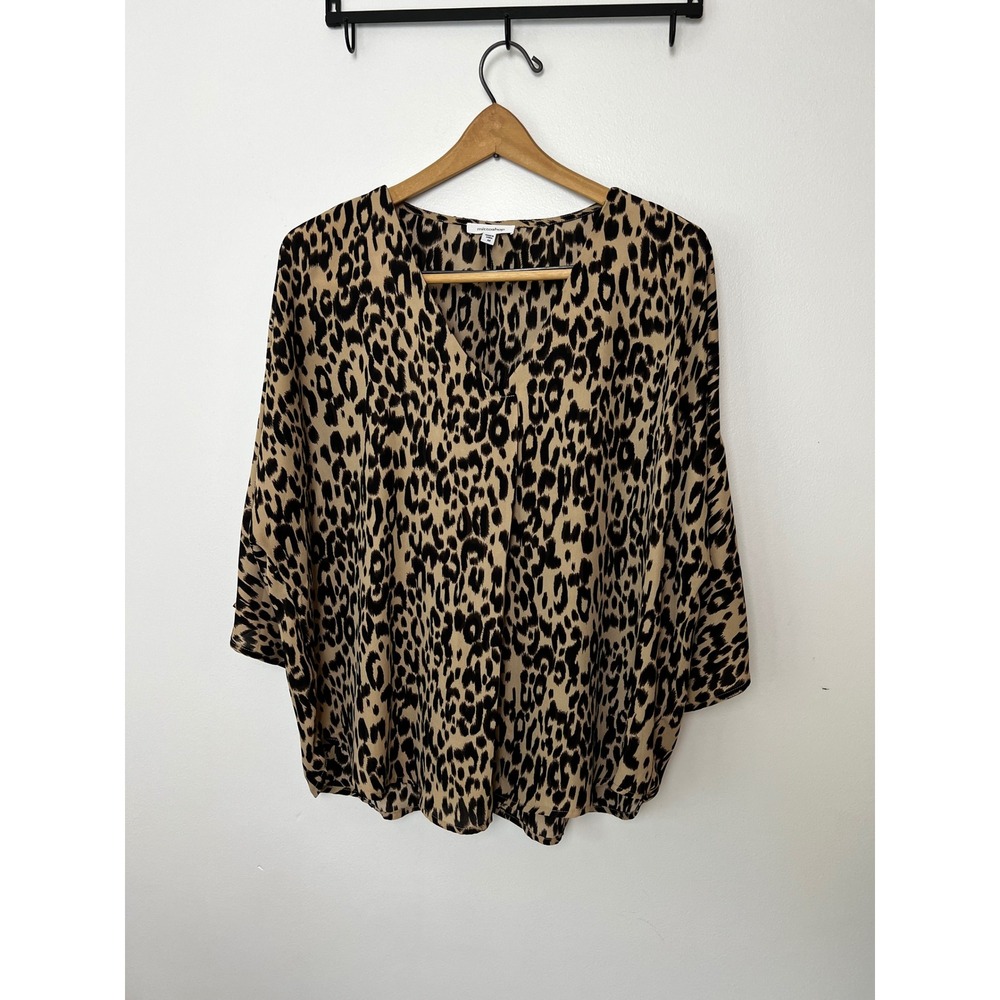 Mittoshop Womens‎ Leopard Print V-Neck Roll Tab Sleeve Blouse Tan Black Medium
